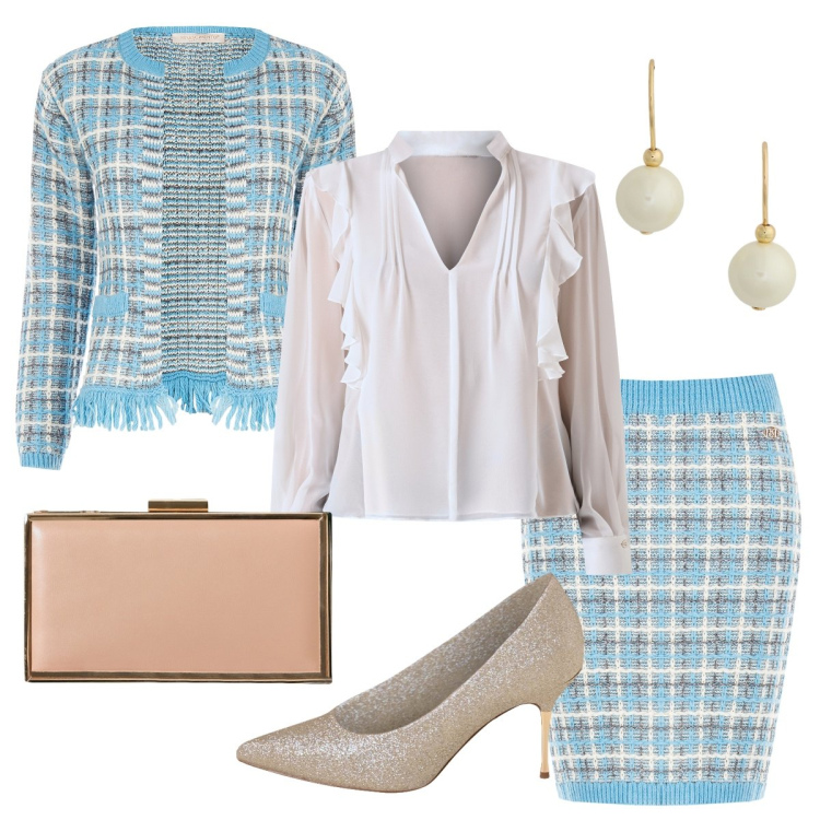 Outfit donna - Rinascimento Black Friday Cerimonia. Stile Chic per Cerimonia. Abbinamento con gonne, blazer, pochette, décolleté, bluse, orecchini.