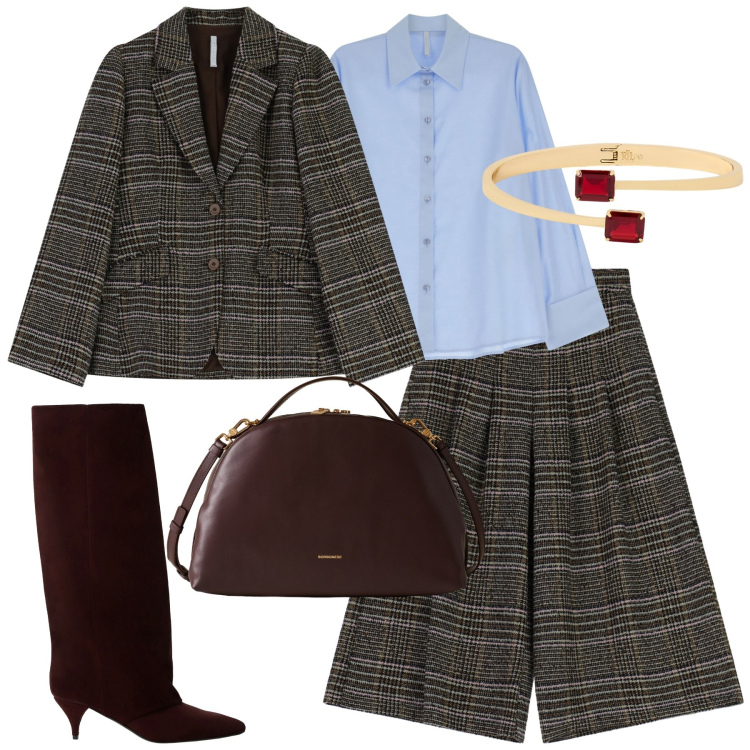 Outfit donna - Imperial. Stile Urban per Tutti i giorni. Abbinamento con pantaloni a palazzo, blazer, camicie, stivali, borse a mano, braccialetti.