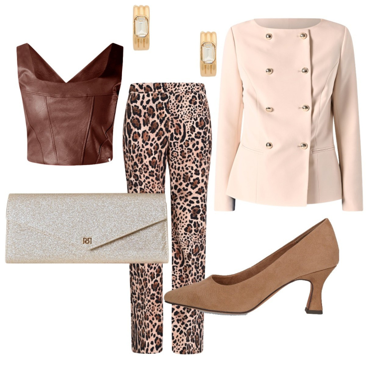 Outfit donna - Rinascimento - Black Friday Animalier. Stile Chic per Serata fuori. Abbinamento con top, blazer, pantaloni, pochette, orecchini, décolleté.