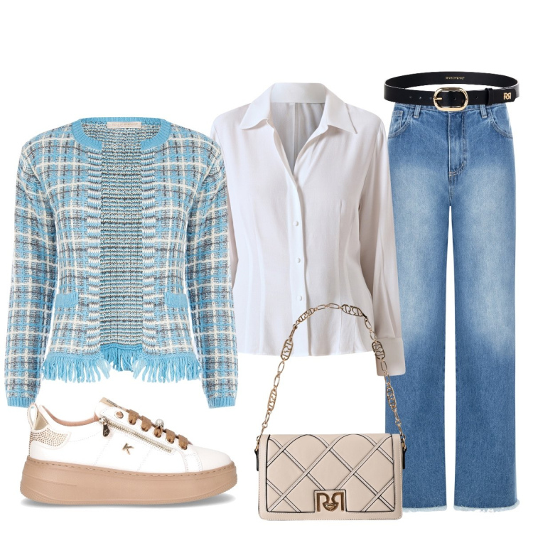 Outfit donna - In ufficio. Stile Chic per Ufficio. Abbinamento con blazer, borse a tracolla, camicie, jeans dritti, cinture, sneakers.