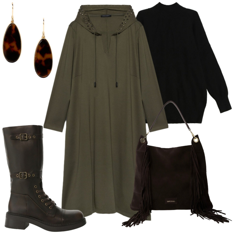 Outfit donna - Total look #2286301. Stile Casual chic per Tutti i giorni. Abbinamento con borse a spalla, stivali, maglieria, orecchini, vestiti lunghi.