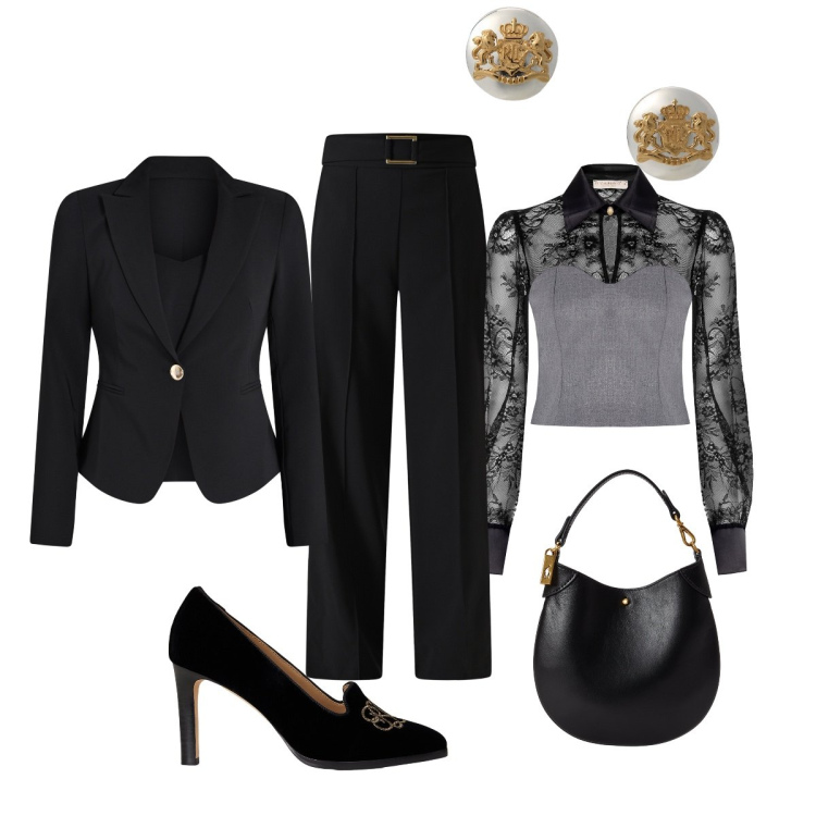 Outfit donna - Cena di lavoro. Stile Chic per Serata fuori. Abbinamento con pantaloni, bluse, blazer, pochette, orecchini, décolleté.
