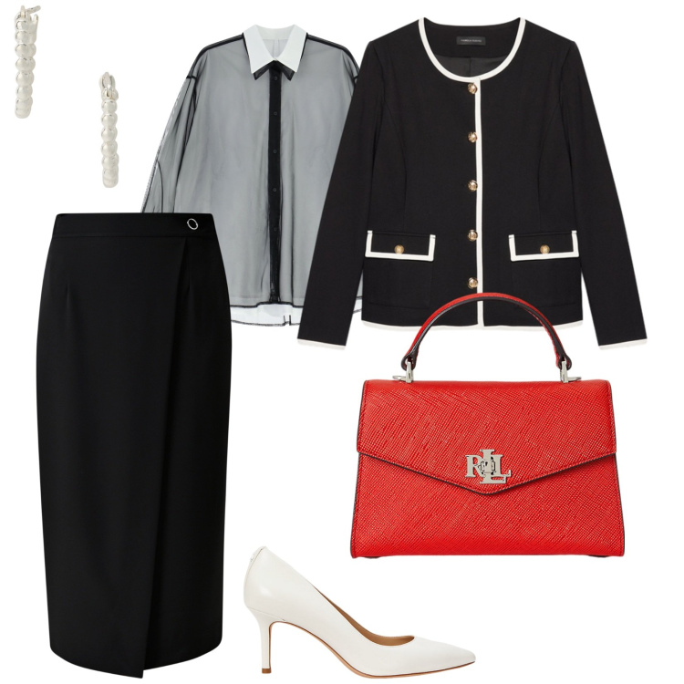 Outfit donna - Come in un film. per Serata fuori. Abbinamento con gonne, camicie, orecchini, décolleté, borse a mano, blazer.