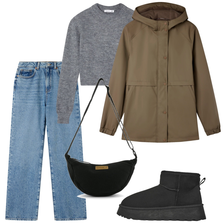 Outfit donna - Piedi caldi. Stile Casual per Tutti i giorni. Abbinamento con stivaletti, blazer, jeans dritti, maglieria, borse a tracolla.