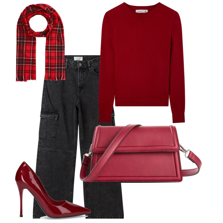 Outfit donna - Red touch. Stile Bon Ton per Tutti i giorni. Abbinamento con borse a tracolla, maglieria, jeans dritti, sciarpe, décolleté.