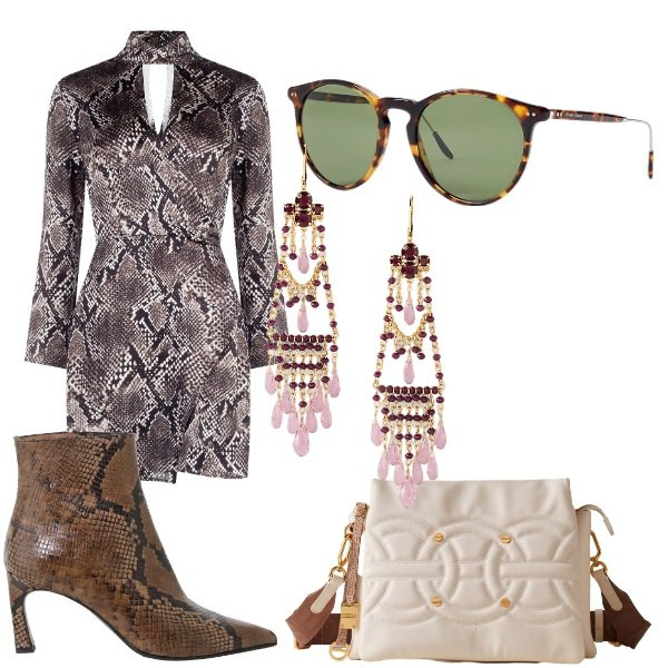 Outfit donna - Black Friday Chic. Stile Chic per Tutti i giorni. Abbinamento con vestiti corti, stivaletti, borse a tracolla, occhiali da sole, orecchini.