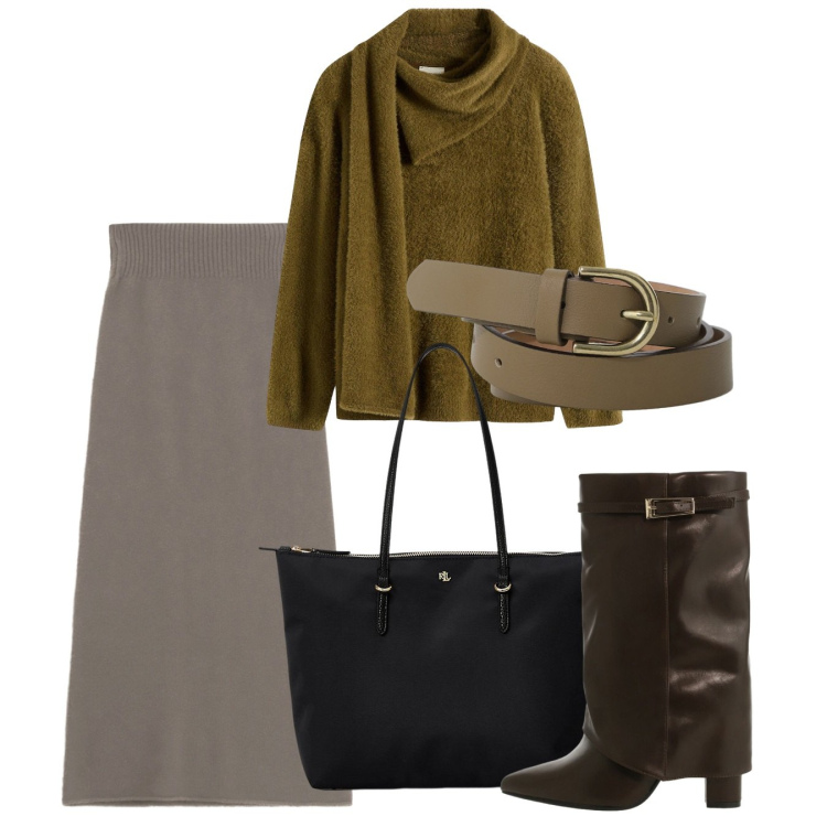 Outfit donna - City. Stile Chic per Tutti i giorni. Abbinamento con maglieria, stivali, gonne lunghe, cinture, borse tote.