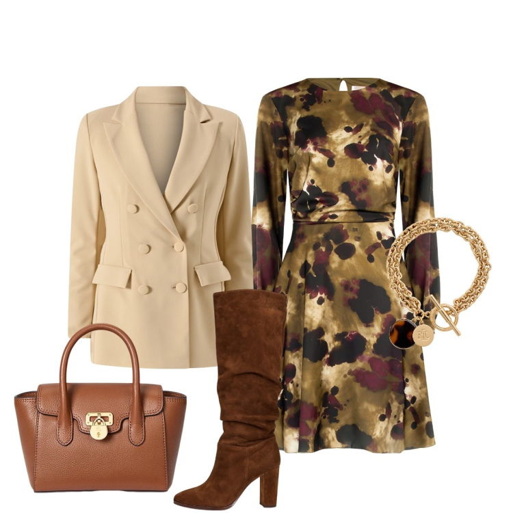 Outfit donna - In ufficio. Stile Chic per Ufficio. Abbinamento con blazer, vestiti midi/longuette, stivali, borse a mano, braccialetti con ciondoli.