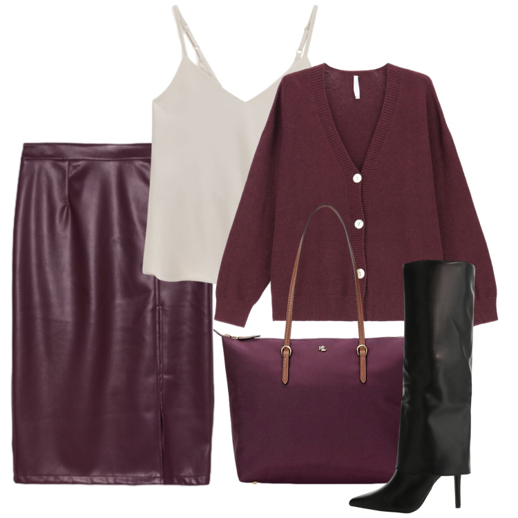 Outfit donna - Burgundy city. Stile Chic per Tutti i giorni. Abbinamento con cardigans, stivali, top, borse tote, gonne longuette.