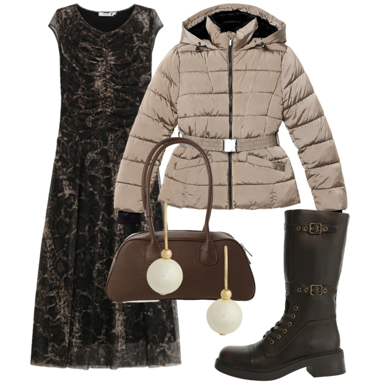 Outfit donna - Serata ciniglia. Stile Chic per Serata fuori. Abbinamento con vestiti lunghi, piumini, stivali, borse a mano, orecchini.