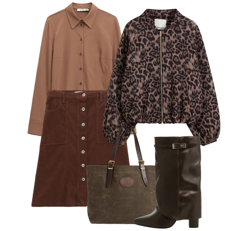 Outfit donna - Il bomber maculato. Stile Bon Ton per Ufficio. Abbinamento con bomber, camicie, gonne, stivali, borse tote.