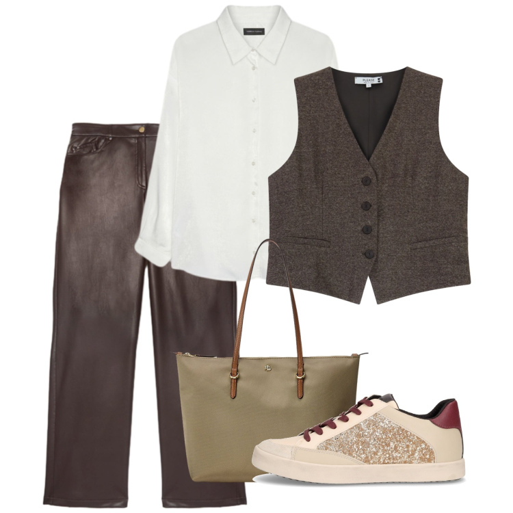 Outfit donna - Novembre. Stile Casual chic per Tutti i giorni. Abbinamento con gilet, borse tote, pantaloni, camicie, sneakers.