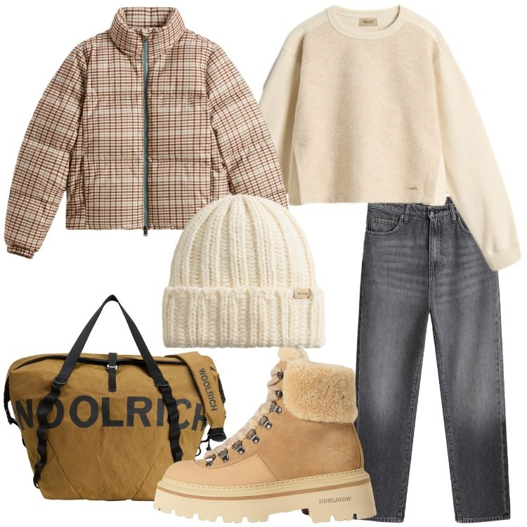 Outfit donna - Woolrich - Black Friday. Stile Casual per Tutti i giorni. Abbinamento con borse sportive, jeans, piumini, berretti, felpe, stivaletti.