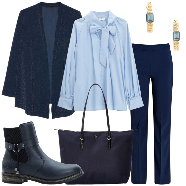 Outfit donna - In blu non si sbaglia. Stile Casual chic per Tutti i giorni. Abbinamento con stivaletti chelsea, pantaloni, bluse, borse tote, orecchini, cardigans.