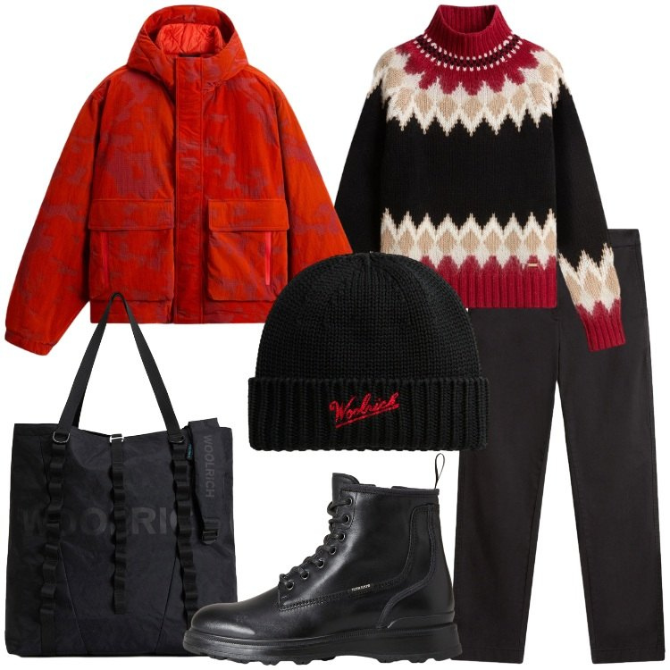 Outfit donna - Woolrich - Black Friday. Stile Casual chic per Tutti i giorni. Abbinamento con maglieria, anfibi, borse tote, berretti, blazer, pantaloni.
