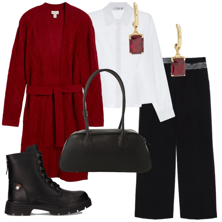 Outfit donna - Total look #2286350. Stile Urban per Ufficio. Abbinamento con cardigans, camicie, borse a mano, orecchini, pantaloni, anfibi.