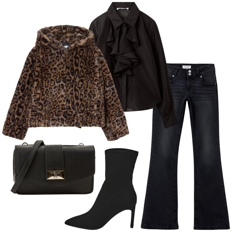 Outfit donna - Terranova - Black Friday 2025. Stile Trendy per Serata fuori. Abbinamento con jeans a zampa, camicie, stivali, ecopellicce, borse a tracolla.