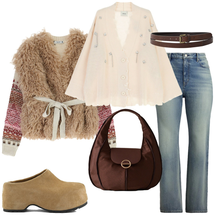 Outfit donna - Total look #2286353. Stile Trendy per Tutti i giorni. Abbinamento con maglieria, cardigans, cinture, borse a spalla, jeans, zoccoli.