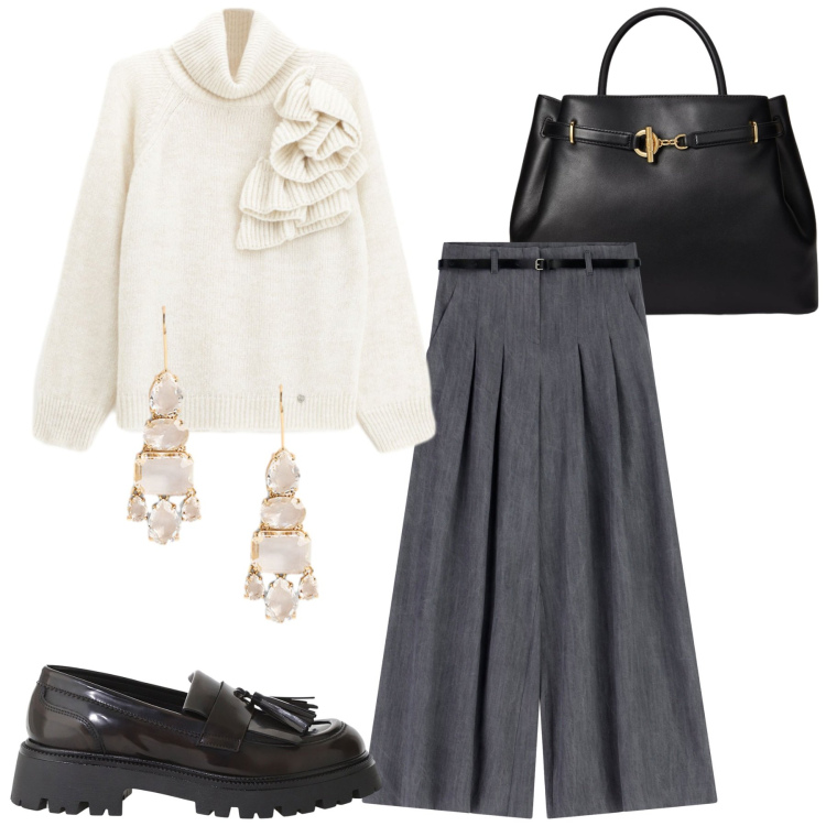 Outfit donna - Total look #2286354. Stile Chic per Serata fuori. Abbinamento con maglieria, pantaloni a palazzo, mocassini, orecchini, borse a mano.