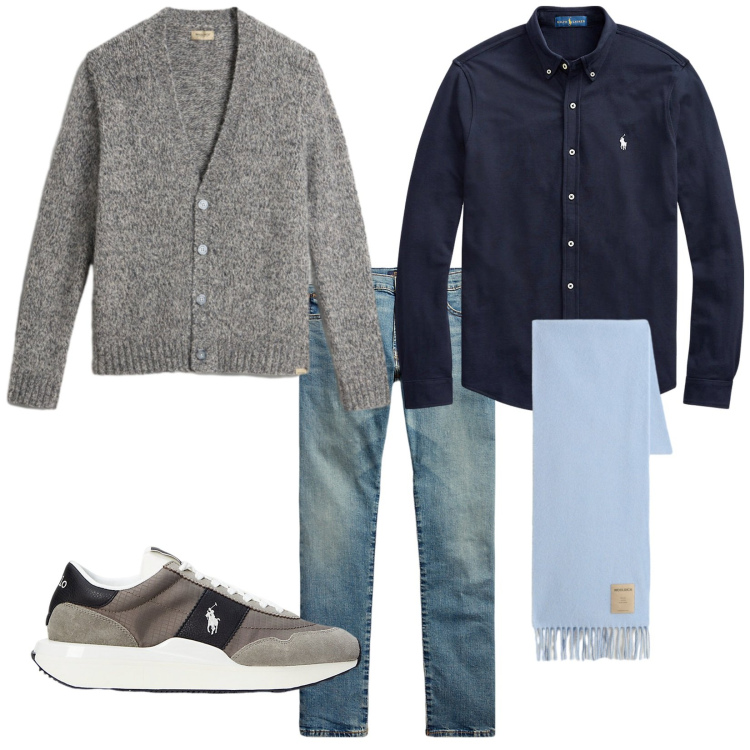 Outfit uomo - Total look #2286355. Stile Casual per Tutti i giorni. Abbinamento con camicie, jeans, sneakers, cardigans, sciarpe.