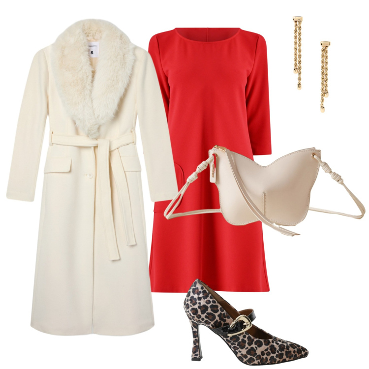 Outfit donna - Animalier e rosso di sera. Stile Chic per Serata fuori. Abbinamento con vestiti corti, cappotti, décolleté, borse a tracolla, orecchini.