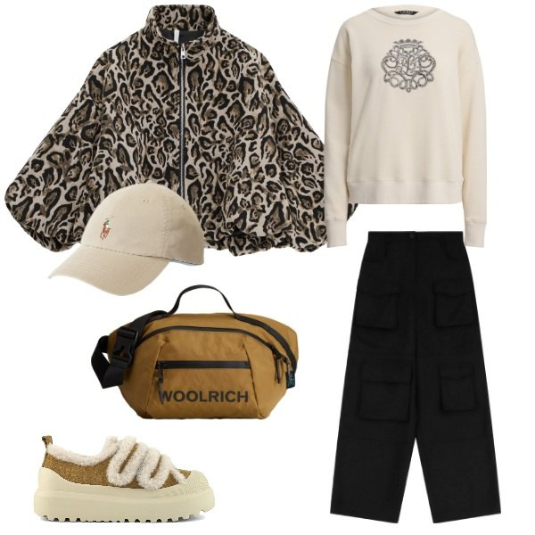 Outfit donna - Total look #2286358. Stile Sporty chic per Tutti i giorni. Abbinamento con bomber, pantaloni a palazzo, pullovers, cappelli, borse a tracolla, sneakers.
