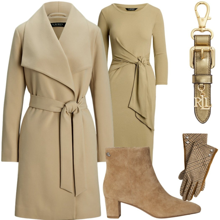 Outfit donna - Look caramello. Stile Casual chic per Serata fuori. Abbinamento con stivaletti, vestiti, cappotti, guanti, portachiavi.