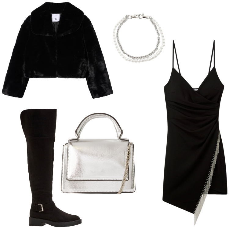 Outfit donna - Brillare per le feste. Stile Sexy per Serata fuori. Abbinamento con stivali sopra il ginocchio, vestiti corti, ecopellicce, borse a tracolla, braccialetti.