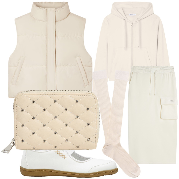 Outfit donna - Panna. Stile Basic per Tutti i giorni. Abbinamento con ballerine, portafogli, piumini, felpe con cappuccio, gonne longuette, calzini.