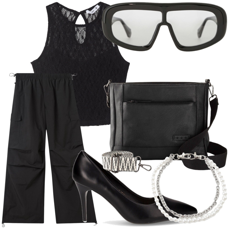 Outfit donna - Dall ufficio all apericena. Stile Glamour per Serata fuori. Abbinamento con borse a tracolla, pantaloni cargo, top, occhiali da sole, braccialetti, décolleté.