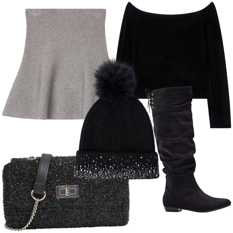 Outfit donna - Semplicemente luccicante sera. Stile Trendy per Serata fuori. Abbinamento con stivali, berretti, bluse, minigonne, borse a tracolla.