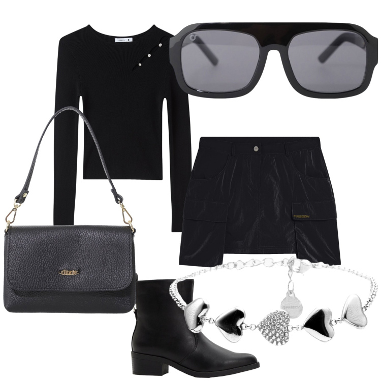 Outfit donna - Basic look col cuore. Stile Basic per Tutti i giorni. Abbinamento con stivaletti, maglieria, occhiali da sole, minigonne, braccialetti, borse a tracolla.
