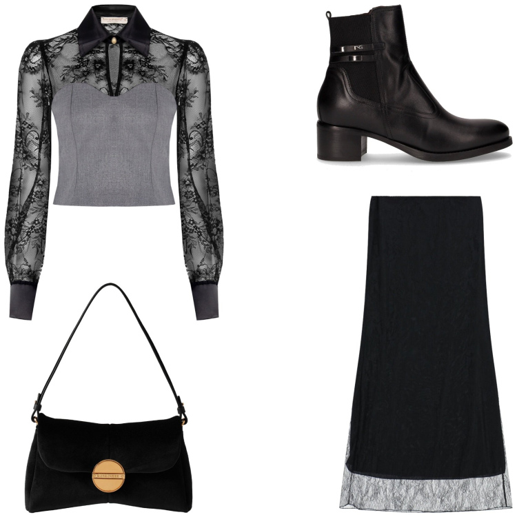 Outfit donna - Le feste di Dicembre. Stile Chic per Serata fuori. Abbinamento con bluse, borse a tracolla, gonne lunghe, stivaletti.