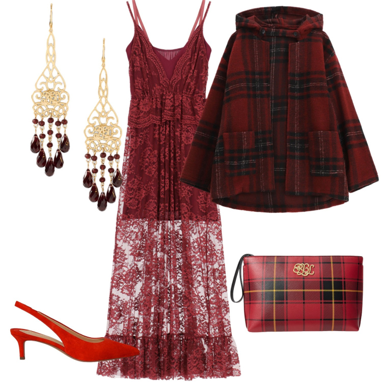 Outfit donna - Un po’ hippy molto chic. Stile Glamour per Serata fuori. Abbinamento con caban, vestiti lunghi, décolleté, orecchini, pochette.