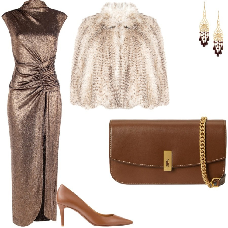 Outfit donna - Un matrimonio nel periodo natalizio. Stile Glamour per Cerimonia. Abbinamento con vestiti lunghi, ecopellicce, décolleté, clutch, orecchini.