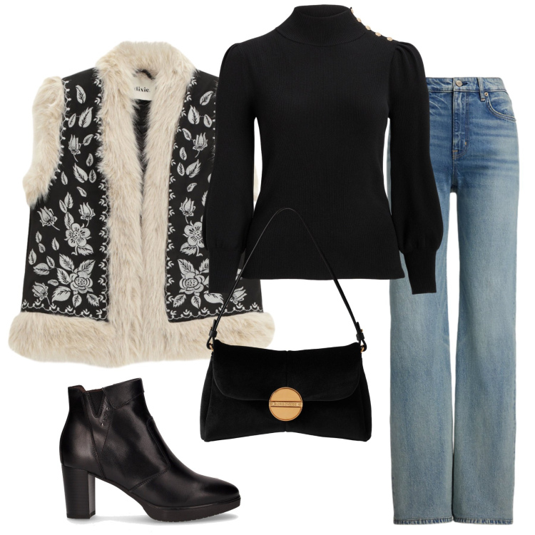 Outfit donna - Total look #2286393. Stile Casual chic per Tutti i giorni. Abbinamento con borse a tracolla, gilet, jeans, maglieria, stivaletti.