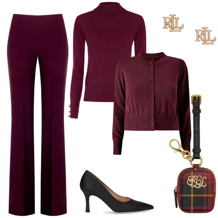 Outfit donna - Rinascimento black Friday - ufficio/sera. Stile Chic per Ufficio. Abbinamento con maglieria, pantaloni, cardigans, orecchini, pochette, décolleté.