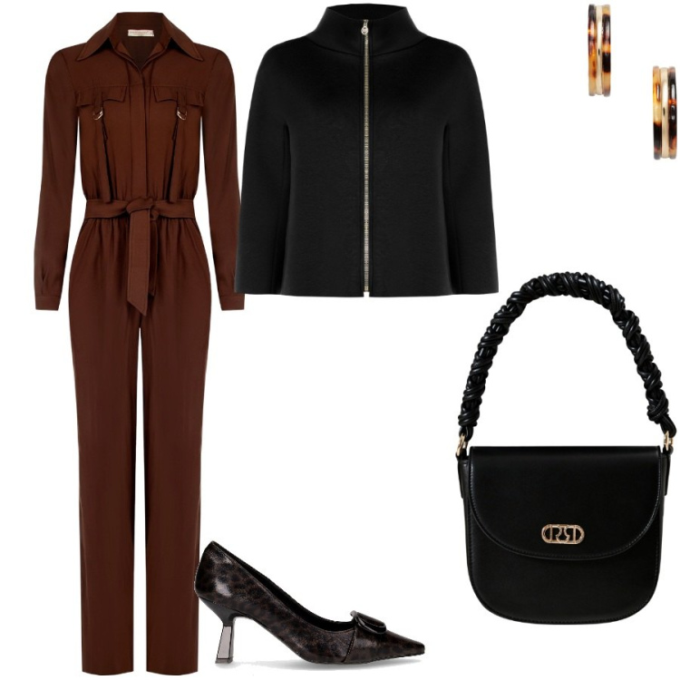 Outfit donna - Con una jumpsuite in ufficio. Stile Chic per Ufficio. Abbinamento con borse a mano, cappe, tute, orecchini, décolleté.