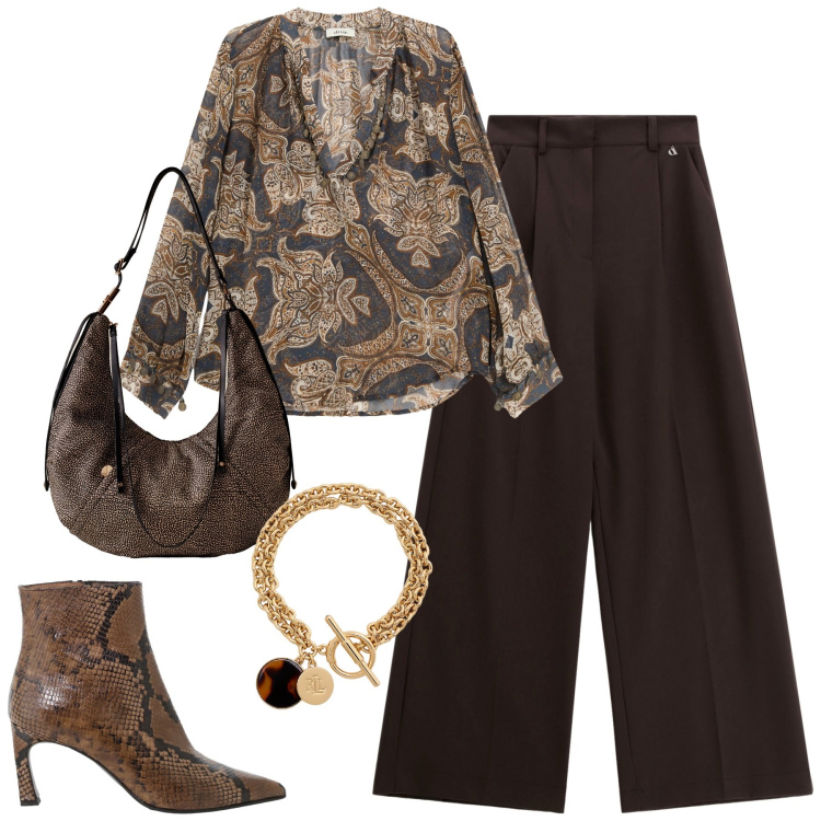 Outfit donna - City. Stile Urban per Tutti i giorni. Abbinamento con borse a spalla, camicie, stivaletti, pantaloni a palazzo, braccialetti con ciondoli.