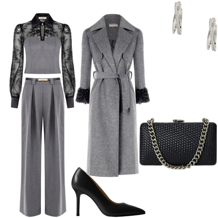 Outfit donna - Un evento speciale. Stile Chic per Serata fuori. Abbinamento con bluse, cappotti, pantaloni a palazzo, orecchini, décolleté, clutch.