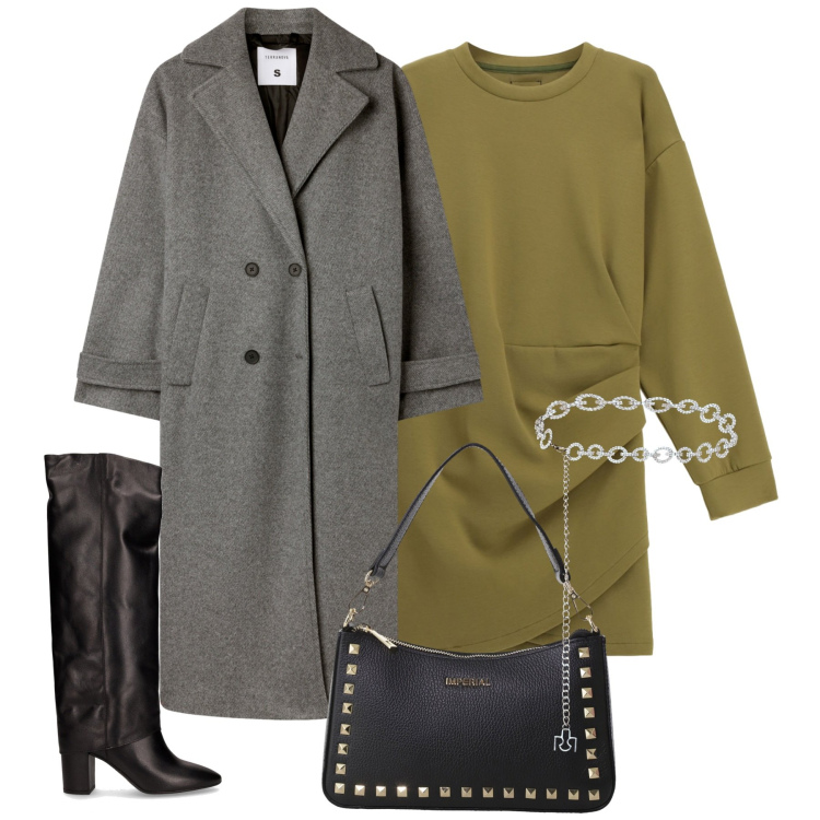 Outfit donna - City. Stile Casual chic per Tutti i giorni. Abbinamento con cappotti, cinture, pochette, vestiti corti, stivali.