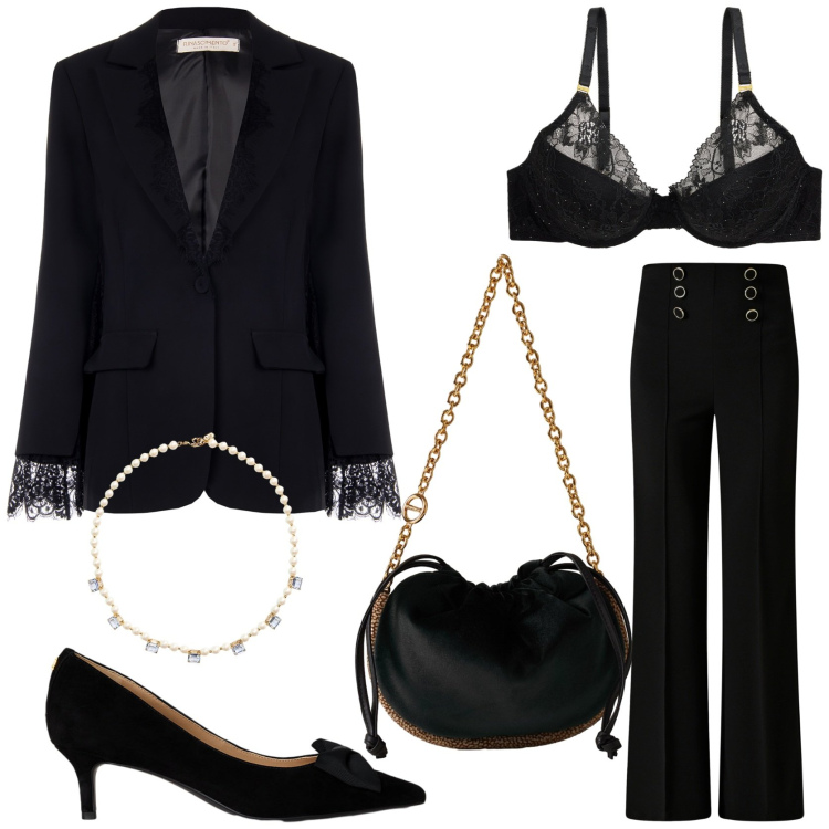 Outfit donna - Le feste di Natale. Stile Chic per Serata fuori. Abbinamento con blazer, pantaloni, borse a spalla, décolleté, collane, reggiseni.