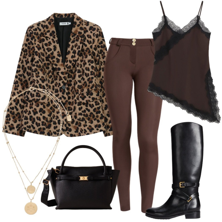 Outfit donna - Animalier chic. Stile Trendy per Serata fuori. look ideale per Tall. Abbinamento con blazer, canottiere, borse a mano, pantaloni skinny, ciondoli, stivali.