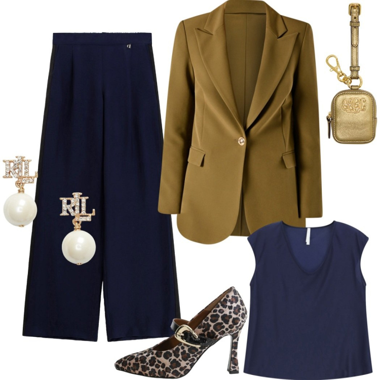 Outfit donna - Total look #2286403. Stile Chic per Serata fuori. Abbinamento con blazer, top, décolleté, pantaloni a palazzo, pochette, orecchini.