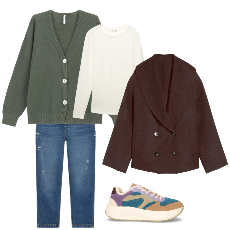 Outfit donna - Autunno comfy. Stile Casual chic per Tutti i giorni. Abbinamento con caban, t-shirt, cardigans, jeans strappati, sneakers.