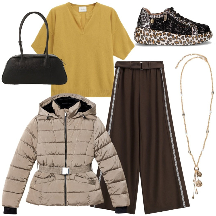 Outfit donna - Urban style. Stile Urban per Tutti i giorni. Abbinamento con piumini, pantaloni a palazzo, maglieria, borse a mano, sneakers, ciondoli.