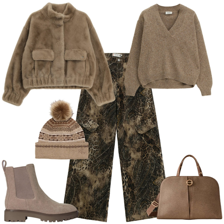 Outfit donna - Total look #2286407. Stile Trendy per Tutti i giorni. Abbinamento con pantaloni cargo, blazer, maglieria, borse a mano, stivaletti chelsea, berretti.