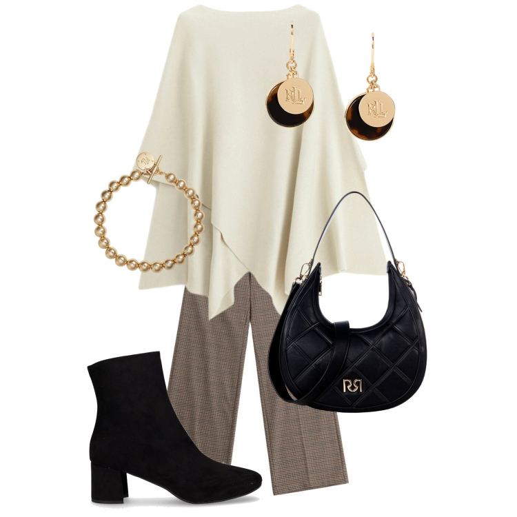 Outfit donna - Caffè con le amiche. Stile Casual chic per Tutti i giorni. Abbinamento con maglieria, borse a tracolla, pantaloni a palazzo, braccialetti, orecchini, stivaletti.