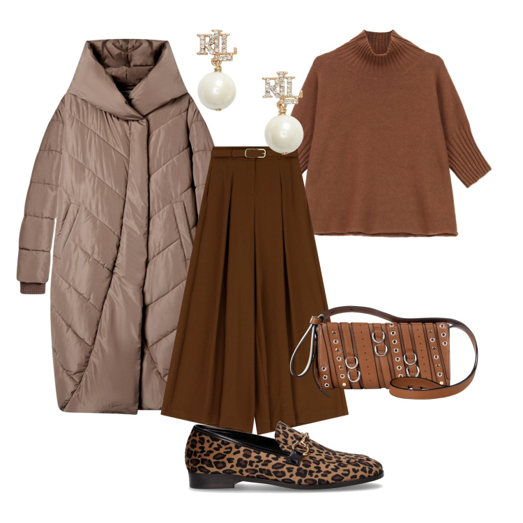 Outfit donna - Confort in città. Stile Urban per Tutti i giorni. Abbinamento con cappotti, pantaloni, maglieria, orecchini, borse a spalla, mocassini.