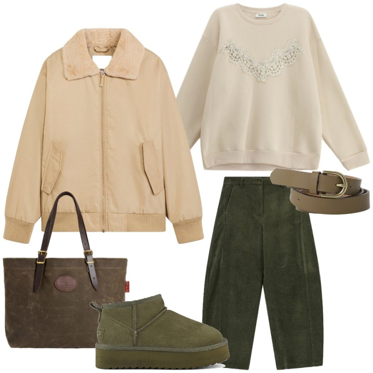 Outfit donna - Total look #2286412. Stile Casual chic per Tutti i giorni. Abbinamento con bomber, pantaloni a palazzo, felpe, cinture, borse tote, stivaletti.